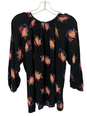 Tucker Silk Peasant Blouse Black Abstract Floral Balloon Sleeve Top Large